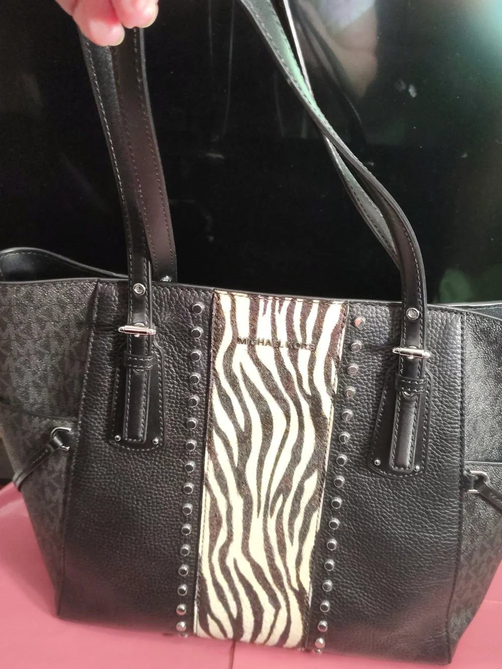 Michael Kors Black and White Zebra-Accent Leather Tote